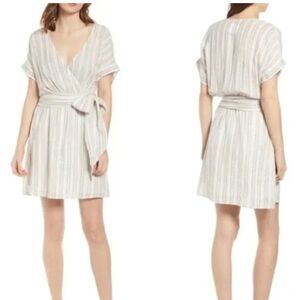 RAILS Zuri Costa Stripe Linen Blend Belted Dress Beige Metallic Silver Size M
